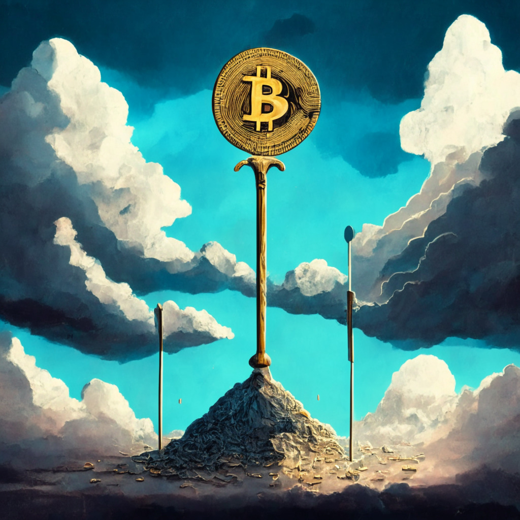 Gavel meets Bitcoin, SEC vs Coinbase, cloudy regulatory skies, crypto exchange standoff, fading light revealing underlying tensions, anxious mood, digital age art style, figurative depiction of negotiations, web of complex laws, contrasting tones of growth and resistance, evolving landscape, delicate balance of innovation and safety.