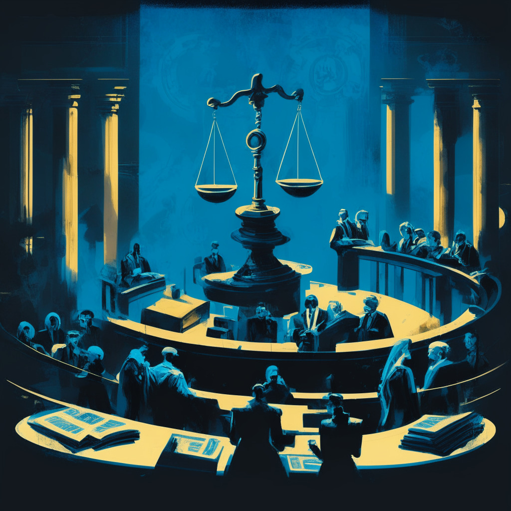Abstract courtroom scene, cryptocurrency symbols, balanced scales, diverse individuals discussing, dark-blue background, muted golden highlights, chiaroscuro lighting, tense mood, air of uncertainty, hint of optimism, impressionist style, digital tokens surrounding, a bridge between old and new.