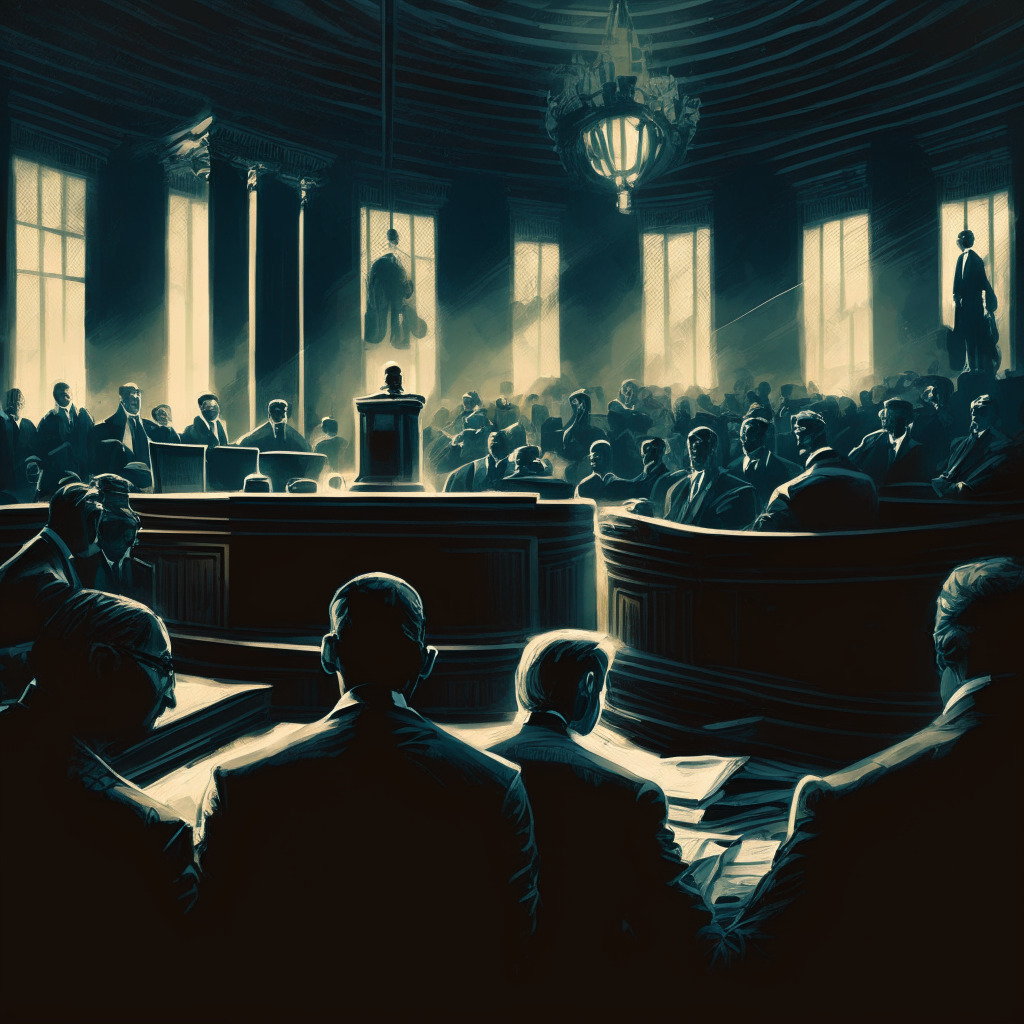 Intricate courtroom scene, artistic chiaroscuro lighting, SEC and Coinbase lawyers in intense debate, U.S. Capitol building in the background, looming question mark above crypto regulations, contrast of dark shadows and illuminated expressions, tense and uncertain atmosphere.