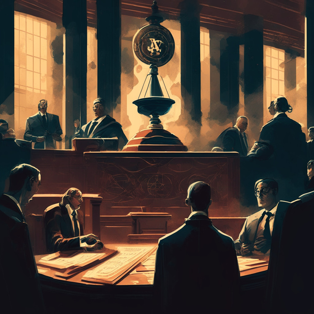 Intricate courtroom scene, tense atmosphere, dimly lit setting, judge requesting clarity from SEC representative, Coinbase legal team observing, vintage painting style, subdued color palette, air of anticipation, blend of legal and cryptocurrency symbols, hourglass symbolizing ticking deadline.
