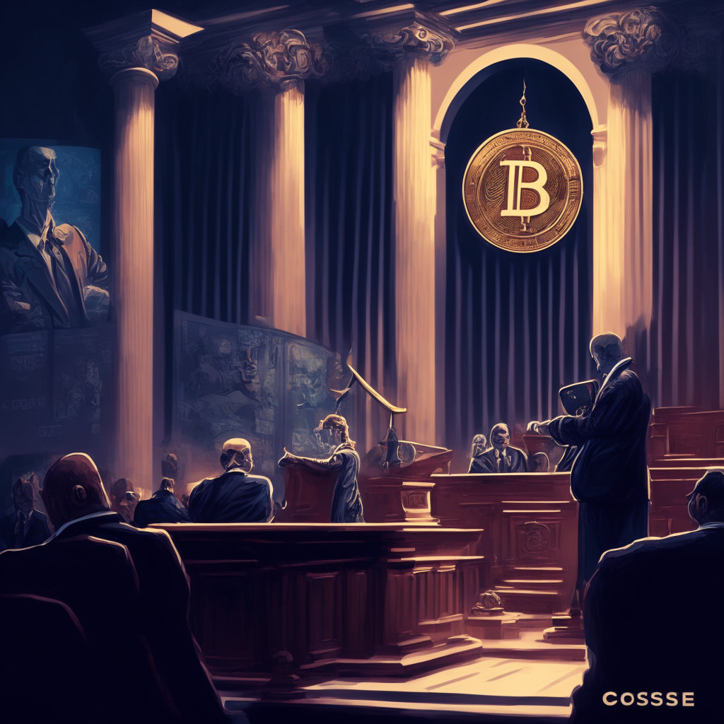 Intricate courtroom scene, Judge's gavel, SEC chair Gary Gensler with a stern expression, Coinbase logo, U.S. Capitol building, digital currencies floating, twilight lighting, chiaroscuro style, tense mood, contrasting colors reflecting regulatory debate, sense of urgency for balanced crypto regulation. (348 characters)