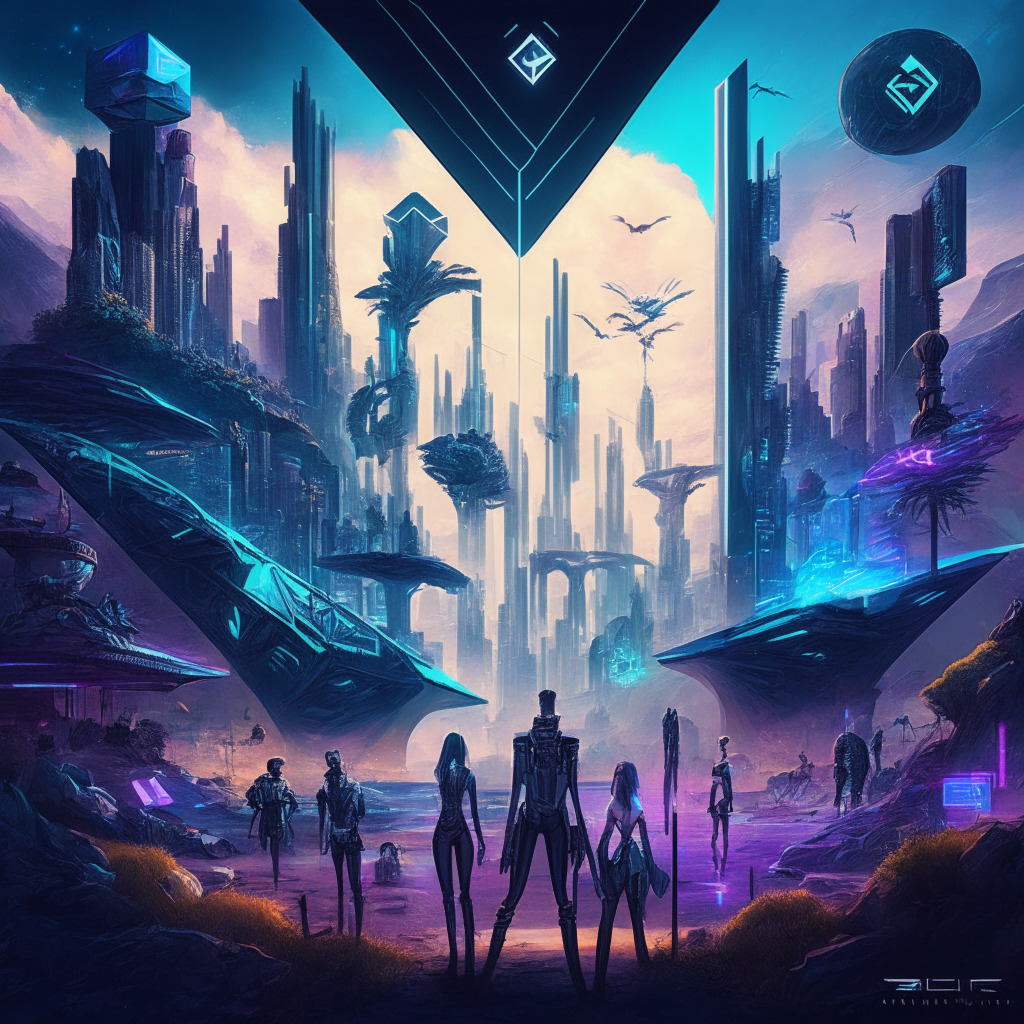 Futuristic metaverse landscape reflecting crypto-regulation, Ethereum-based gaming, diverse avatars and land plots, elements of legal scales to symbolize regulations, contrasting light denoting debate, cyberpunk artistic style, an underlying mood of uncertainty mixed with defiance, hints of popular celebrities and partnerships - all within 350 characters.