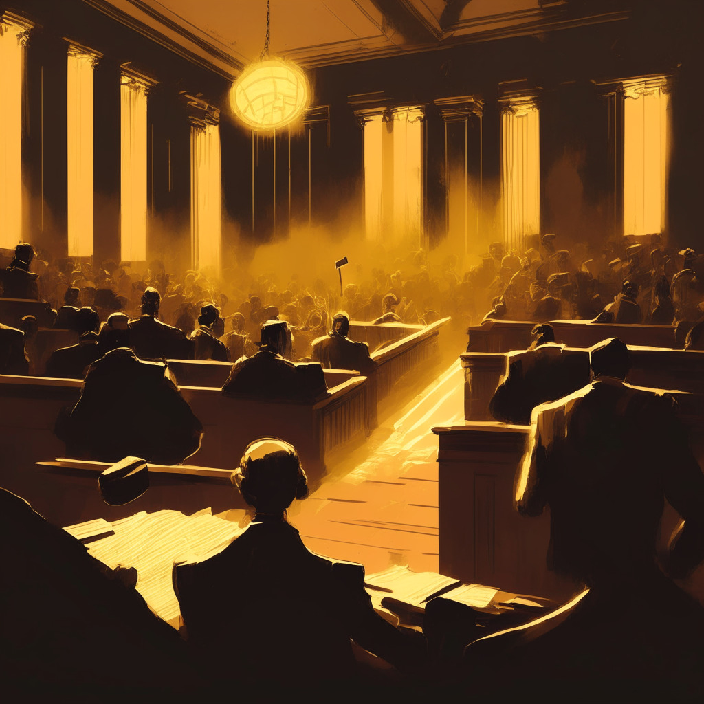 Dimly lit courtroom scene, gavel slamming, hopeful XRP investors, subtle ripple effect in the background, muted color palette illustrating uncertainty, contrasting with streaks of gold for potential future valuation, emotions of financial tension and anticipation, digital currency despair vs sudden growth, 350-char limit.