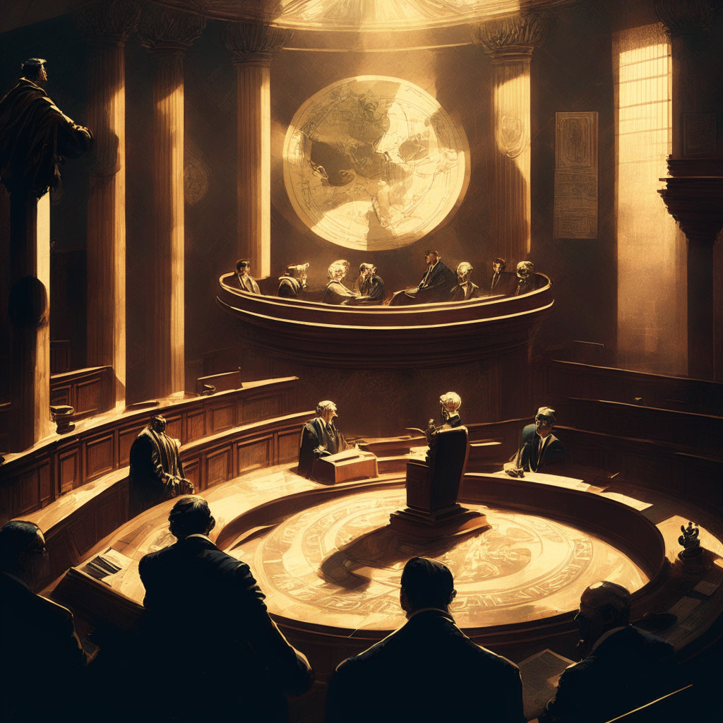 Intricate courtroom scene, SEC and Ripple representatives engaged in discussion, balanced mix of light and shadow, Renaissance-style painting, serious mood, hints of global map in the background, currency symbols subtly woven into the design, slight golden aura symbolizing hope and resilience.