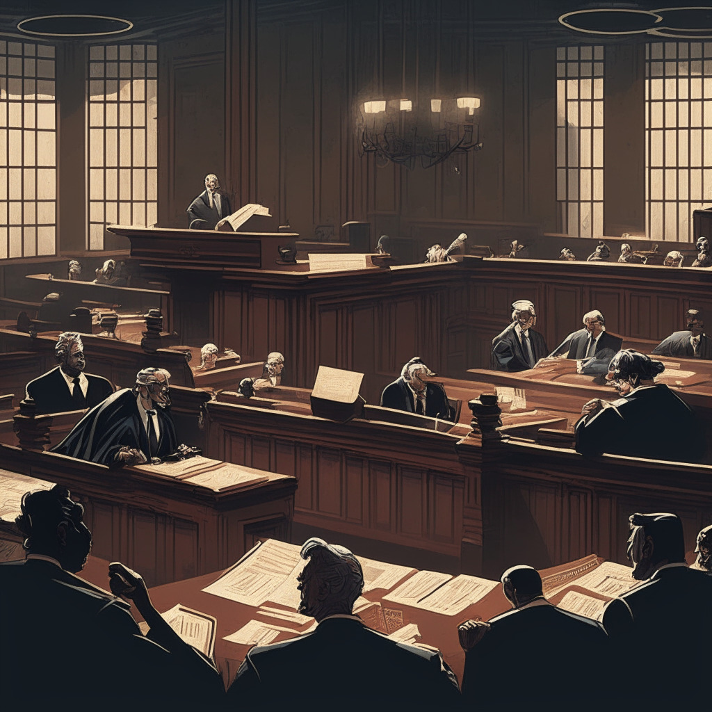 Intricate courtroom scene, SEC and Terraform legal teams in debate, dimly lit vintage wood-paneled room, intense expressions on lawyers, confusion over digital asset classification, contrasting modern and traditional elements, a digital currency symbol floating, a sense of uncertainty, Judge Jed Rakoff pondering, decision date looming.