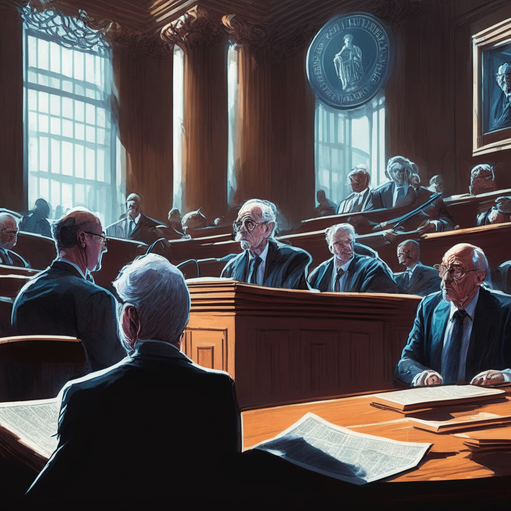Intricate courtroom scene, CryptoLaw founder John Deaton debating SEC Chair Gary Gensler, focus on XRP token, Howey Test reference, soft light from court windows, contrasting shadows, tense atmosphere, triumphant Ripple CEO watching, hints of future crypto regulations.