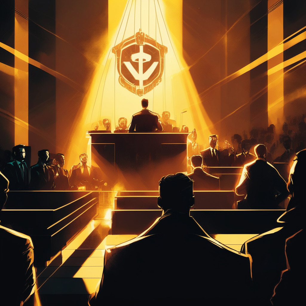 Dark, dramatic courtroom scene, contrasting colors, crypto-themed scales of justice in the foreground, tense atmosphere, regulatory figures on one side, Binance CEO being questioned on the other, illuminated by rays of light, uncertain future, blockchain symbolism, consumer protection vs. innovation.