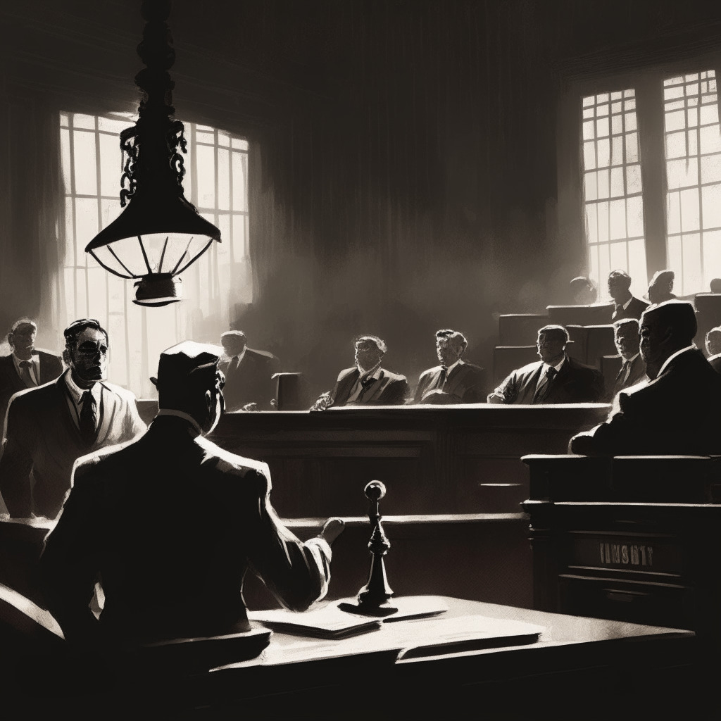 Intricate courtroom scene, Ripple vs SEC debate backdrop, gavel on a wooden desk, dimly lit atmosphere, contrasting shadows, grayscale color palette, intense expressions on characters' faces, hint of golden light for 'decentralization theme', air of suspense and tension, visual reference to Safe Harbor 2.0 subtly incorporated, vintage painting style.