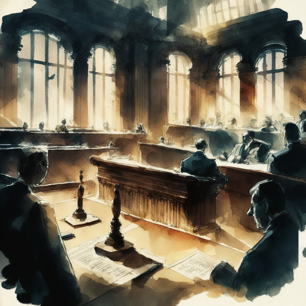 Intricate courtroom scene, judge presiding, SEC & Ripple representatives, XRP coin symbol, legal documents, scales of justice, shadowy figures representing uncertainty, soft light filtering through windows, watercolor style, somber mood, air of anticipation.