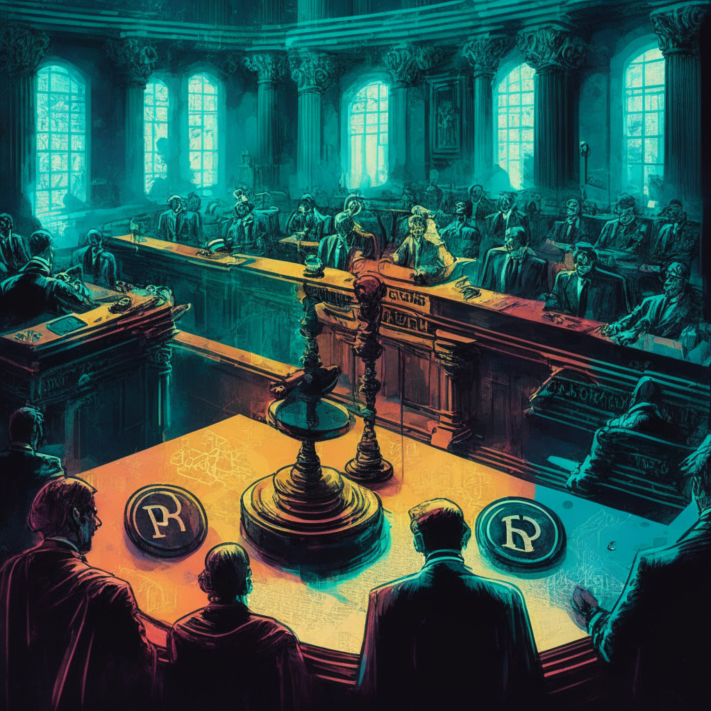 Intricate courtroom scene, focused on Ripple vs SEC lawsuit, balanced scales symbolizing justice, subtle blockchain elements, colorful-chalk art style, dramatic chiaroscuro lighting, tense atmosphere, air of uncertainty, a watchful crypto audience, reflecting regulatory complexities in digital assets.