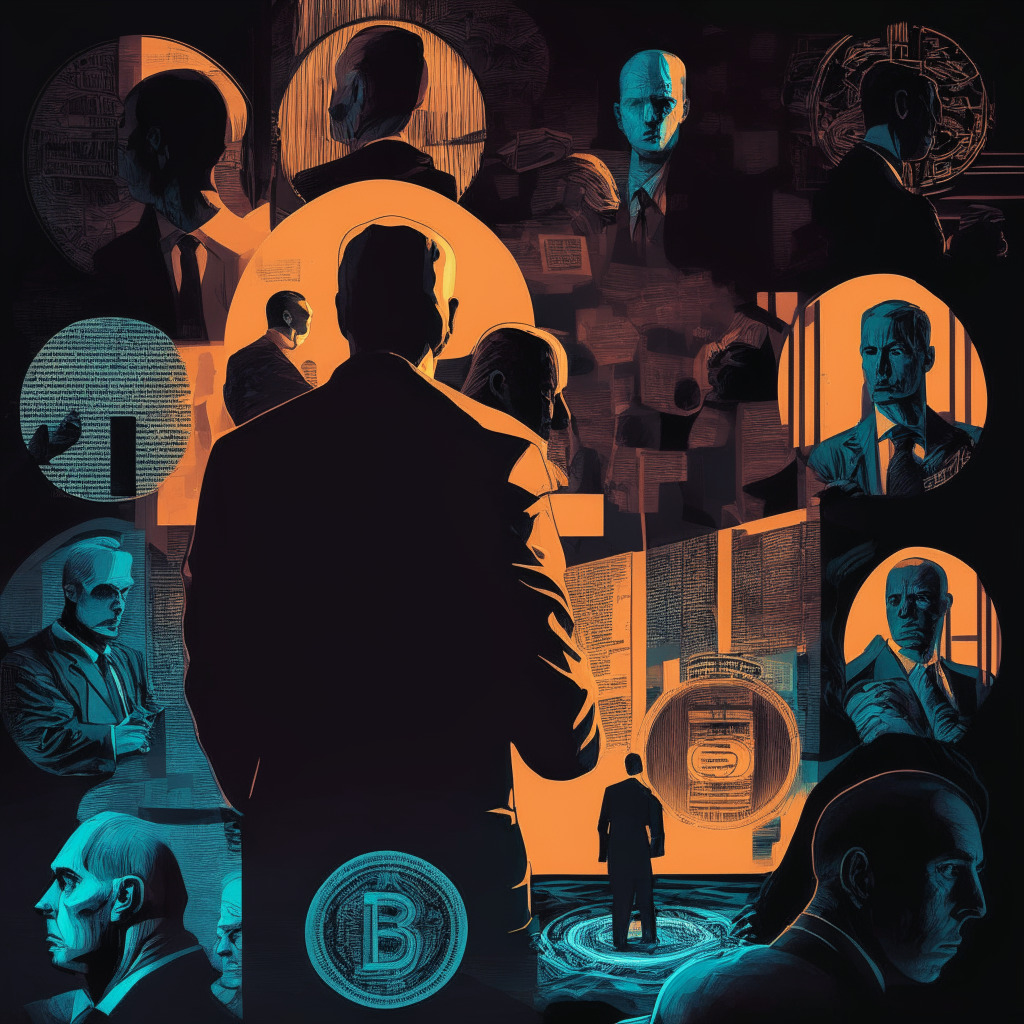 Cryptocurrency regulation debate, SEC and CFTC roles, legal clashes with Binance and Coinbase, comprehensive framework urgency, investor protection, twilight lighting, chiaroscuro contrasts, thoughtful mood, precise linework, monochromatic colors, focus on key stakeholders.