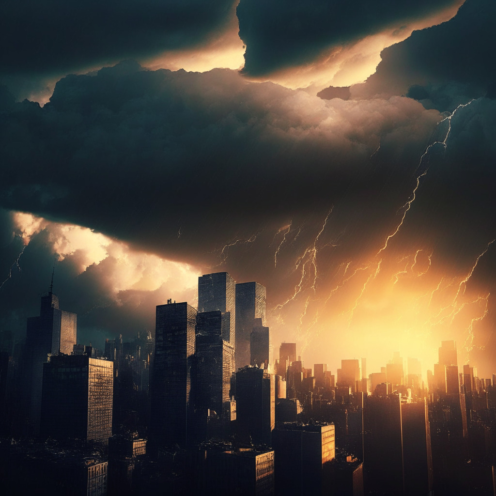 Securities and Exchange Commission crackdown, crypto platforms, DeFi expansion, uncertain future, gloomy clouds over city landscape, sunrays breaking through, dark contrast, golden highlights, chiaroscuro effect, tense yet hopeful atmosphere, regulatory storm, resilient decentralized finance.