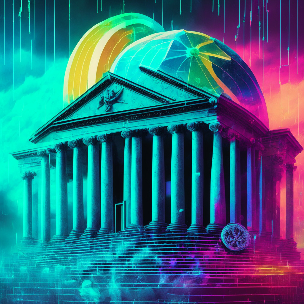 Gloomy regulatory storm over crypto scene, authoritative imposing courthouse with technicolor cryptocurrency symbols, Cardano resistance, Robinhood compliance, balance between innovation and regulation, call for clarity and unity, cautious investors enlightened by knowledge.