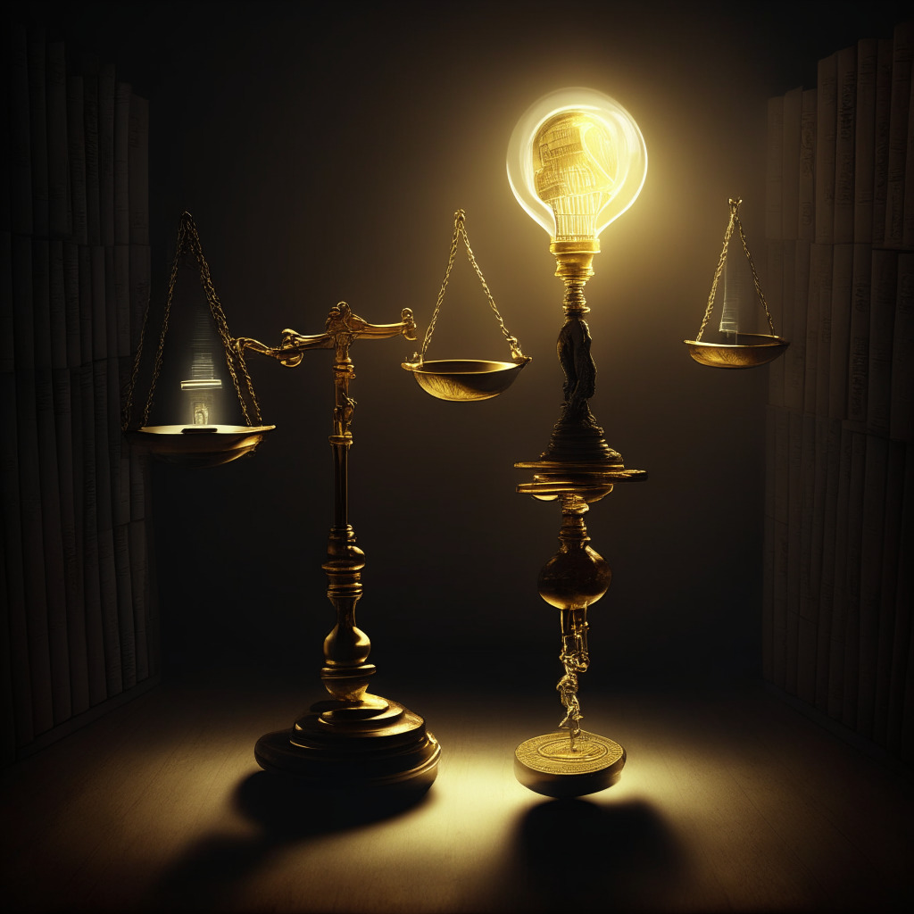 An artistic interpretation of a balance scale, one side holding gold coins and the other a glowing light bulb, dark office setting with contrasting light rays, Baroque chiaroscuro technique, tense mood highlighting the struggle between investor protection and innovation, hint of optimism in the background.