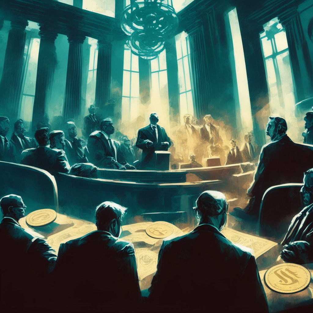 Dramatic courtroom scene, crypto world's key players facing SEC, pleading for clarity, contrasting light & shadow, struggling expressions, juxtaposed traditional finance symbols & futuristic digital coins, tension filled atmosphere, impressionist style, subtle colors hinting unresolved conflicts, pursuing fairness & transparency in emerging industry.