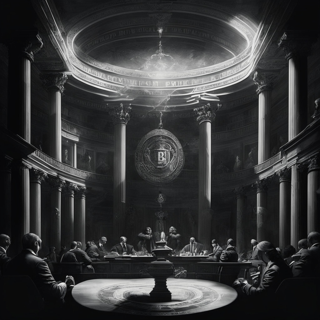 Intricate courthouse scene, crypto and traditional finance symbols mixed, Baroque style with chiaroscuro lighting, tense atmosphere, tense expressions of SEC officials and crypto representatives in heated debate, investor protection concept vs innovation, steely gray tones to evoke uncertainty.