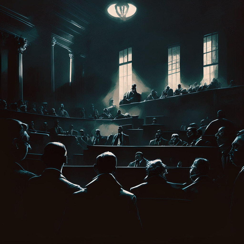 Intricate court scene, tense atmosphere, dimly lit room, Ripple and SEC officials in heated discussion, contrasting cryptocurrencies Ethereum & XRP on a large screen, legal documents scattered, shadowy onlookers eagerly observing, subtle chiaroscuro art style, dramatic mood.