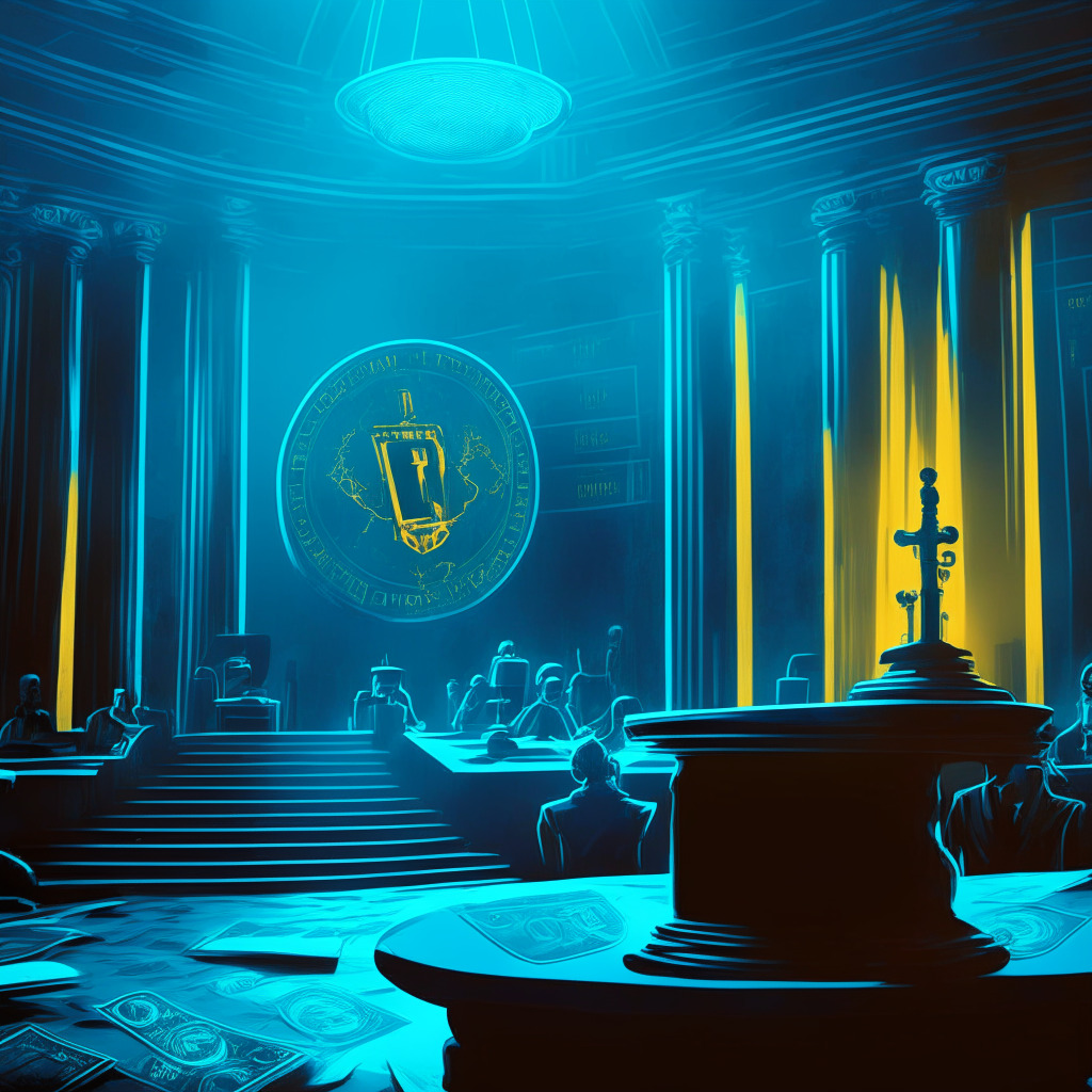 Cryptocurrency securities uncertainty, dimly-lit courtroom, contrasting bright & dark hues, tension-filled atmosphere, dollar bills & crypto coins in balance, a gavel striking down, legal documents, worried investors, implied motion of evolving regulations, ambiguous foggy backdrop, blue/yellow color scheme.