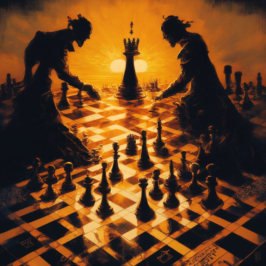 Intricate financial chessboard, DeFi vs SEC conflict, setting sun casting shadows, tense atmosphere, artistic chiaroscuro lighting, expressive brushstrokes, abstract symbolism, crypto tokens contrasted with traditional securities, hints of censorship, open-source code advocating freedom.