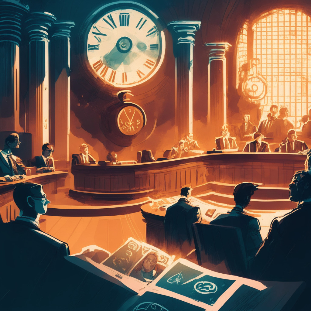 A courtroom with SEC and Coinbase representatives, contrasting warm and cool lighting, abstract art, intense mood. Scene features SEC members in discussion, Coinbase lawyers showing a writ of mandamus, papers with cryptocurrency regulations, a clock showing 120 days left, background: a crypto community eager for clarity.