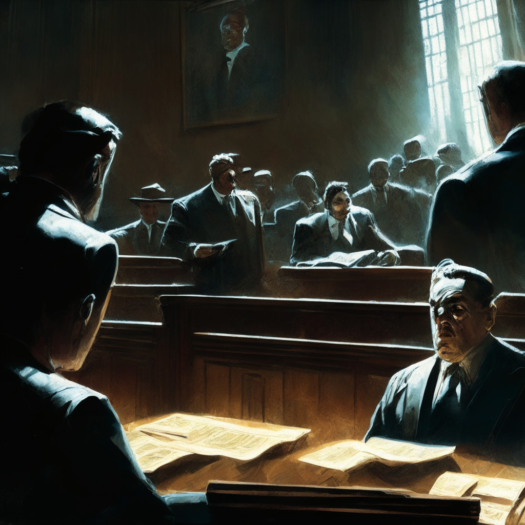 Intricate courtroom scene, contrasting light and shadows, SEC officials debating, tense mood, Ether and XRP tokens floating, Ripple executives awaiting decision, perplexed and worried expressions, thematic chiaroscuro, legal documents scattered, ripple effect in the background, vintage oil painting style, legal battle theme, Howey Test represented as an anchor.