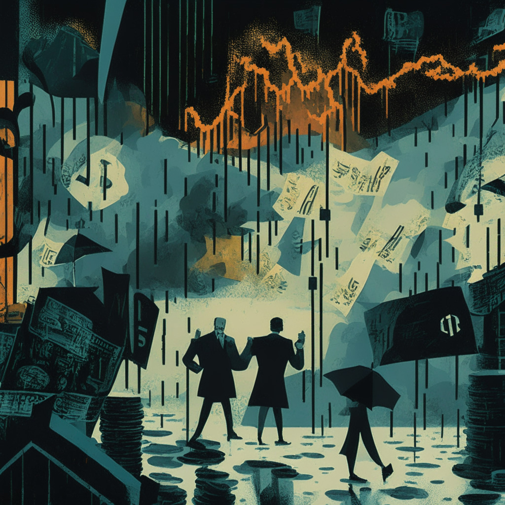 Intricate financial scene, gloomy atmosphere, contrasting light and shadow, money and cryptocurrency symbols, stormy weather, a plunging graph, defiant individuals, mixed art styles (impressionistic, cubist, representational). SEC decision, crypto resistance, market reactions, mood: uncertainty, resilience.