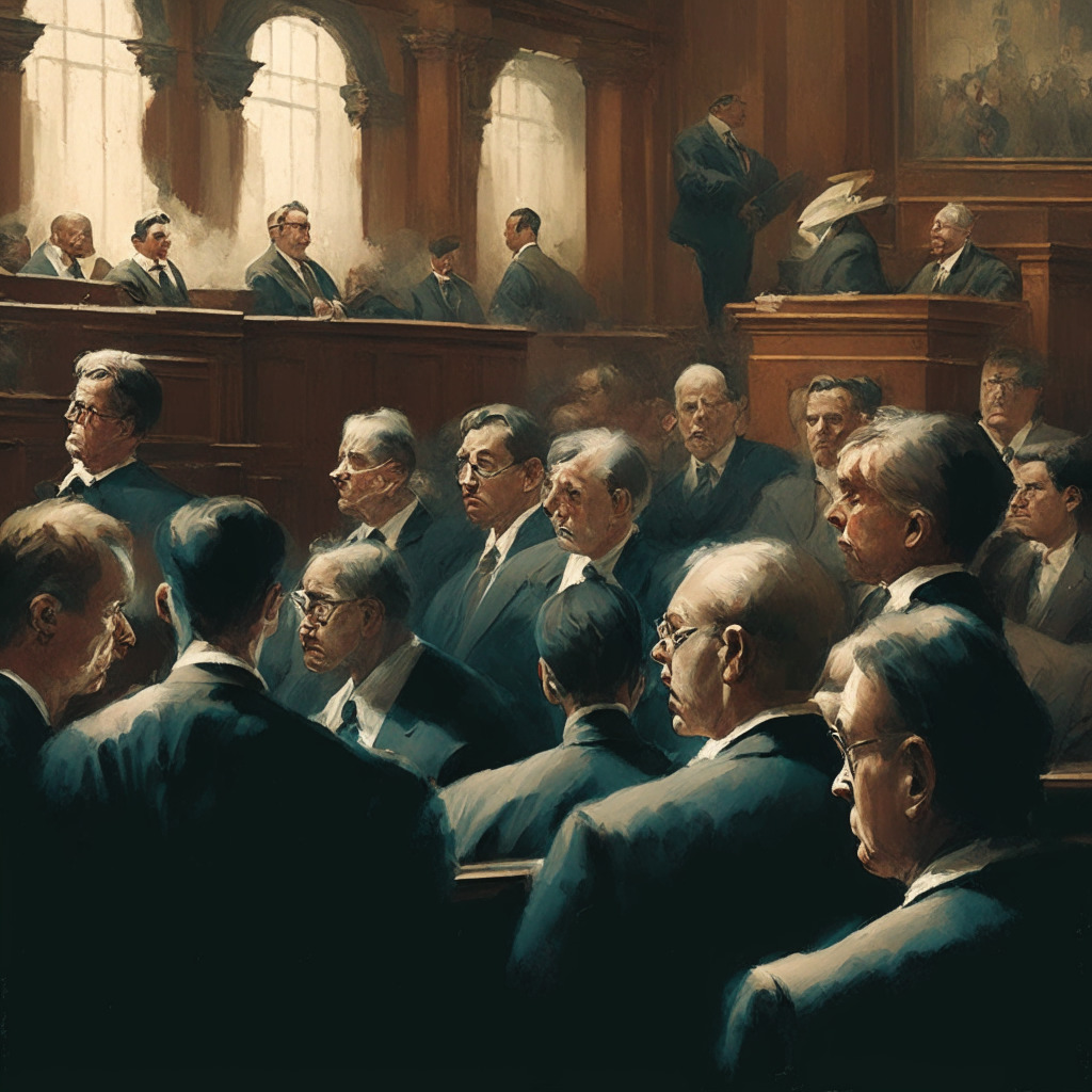 Intricate courtroom scene with classic painting style, dimly lit courtroom, tense mood, SEC & Coinbase representatives interacting, judicial figures observing, vintage courtroom architecture, subdued color palette, focused expressions on faces, diverse audience in background, air of anticipation.