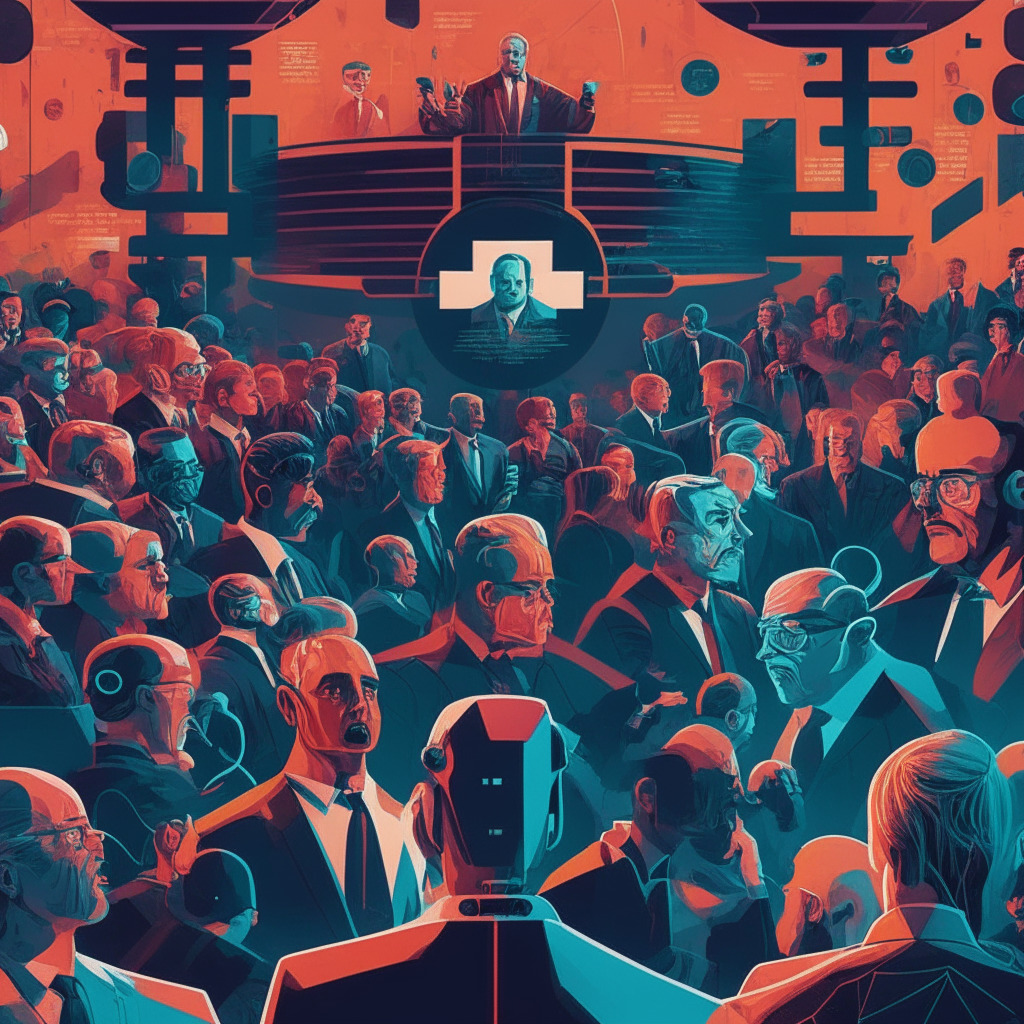 Intricate government debate scene, blockchain symbols, diverse crowd of politicians and crypto enthusiasts, contrasting warm and cool colors, expressive facial expressions, dramatic lighting, tension-filled atmosphere, hint of futuristic tech elements, sense of uncertainty, without logos.