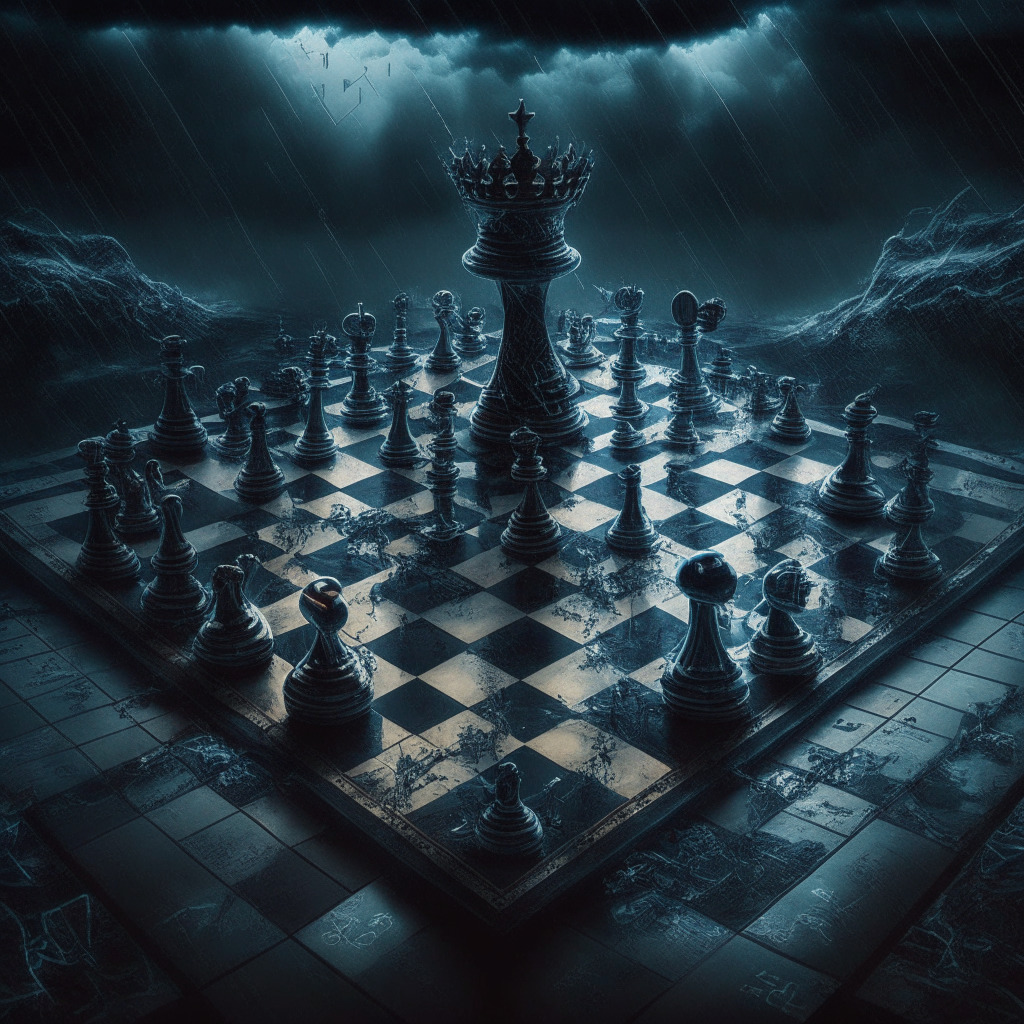 Intricate chessboard, SEC & Binance as pieces, cyberpunk art style, dark lit room, tension in the air, contrasting shadows cast, stormy weather outside, chessboard war, high-stakes game, uncertain future, consumer protection vs innovation, global impact, evolving transparency & crypto regulations.