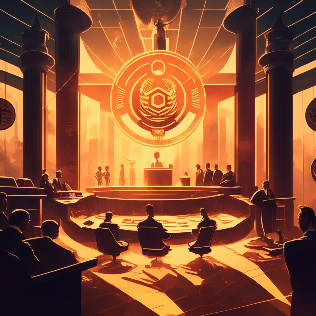 Intricate courtroom scene, judges & lawyers, cryptocurrency coins, Binance CEO Changpeng Zhao, SEC emblem, scales of justice symbolizing balance of innovation & regulation, subtle sunset colors evoking seriousness & uncertainty, modern futuristic artistic style, tense mood.