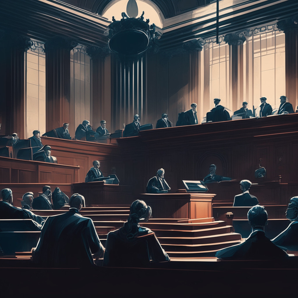 Intricate courtroom scene, a judge presiding, SEC lawyers, and Coinbase representatives, soft contrast lighting, neoclassical painting style, somber mood, muted color palette, tension between innovation and regulation, no identifiable logos or brands, .crypto future in the balance.