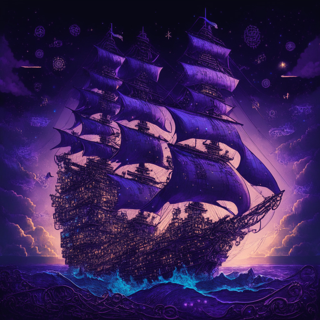 An ornate, Brass-Age style ship with sails of glowing cryptocurrency symbols cruising on a turbulent sea of binary code, amidst a frothy mix of 1s and 0s, reminding of market volatility. Under a dramatic, dusk-like sky, effusing hues of purples and blues, the ship is untouched, symbolizing resilience. Blockchain-inspired constellations twinkle subtly in the sky, highlighting innovation. The scene is enveloped in a mystically charged ambience, symbolizing the future's unpredictability.