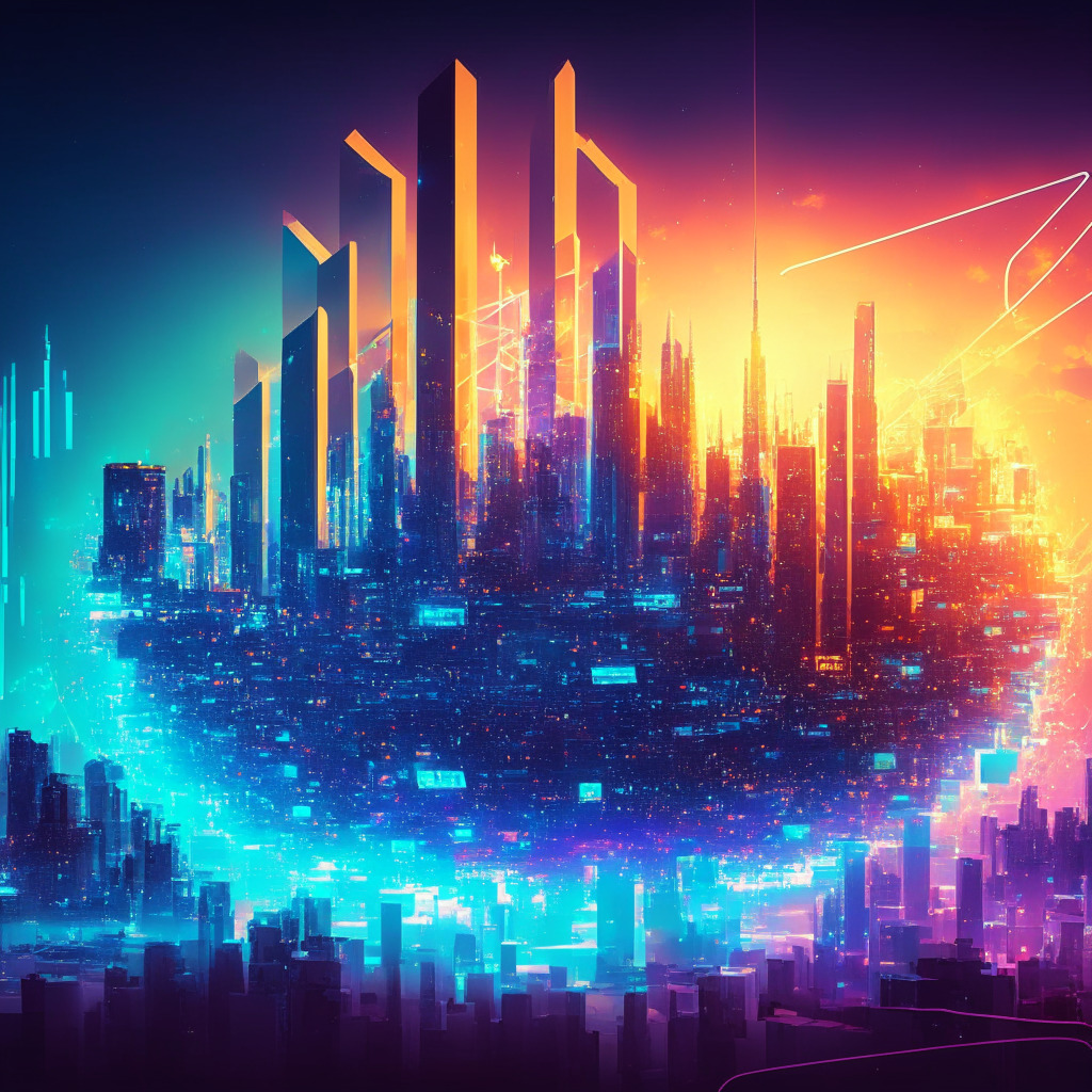 Futuristic cityscape featuring Layer 1 and Layer 2, thriving crypto market, high-frequency trading algorithms, EVM execution, diverse users, dynamic mobile experiences, intricate blockchain structure, glowing decentralization symbol, complex transaction network, soaring adoption curve, vivid hues of innovation, radiant dawn light, optimistic atmosphere.