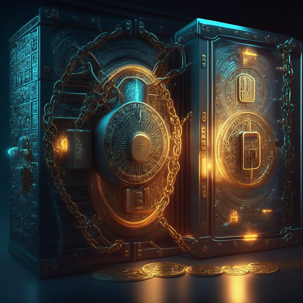 Intricate cryptocurrency vault, secure multi-signature lock, gleaming Bitcoin & Ethereum coins, warm glowing light, impenetrable fortress atmosphere, an air of trust and safety, intertwining BTC & ETH chains, neatly organized keys denoting control over assets, user-friendly device in focus, overall relaxed and secure mood.