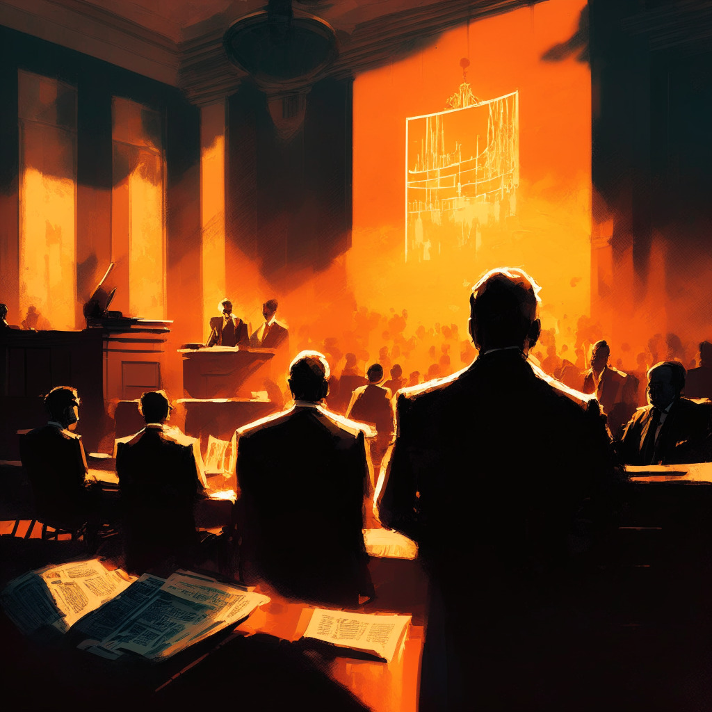 Sunset-lit courtroom, somber mood, expressive brushstrokes, Andrew Tate standing trial, scattered Bitcoins, judges & legal figures, trading chart in background, upwards trend arrow, $30,000 milestone highlighted, digital asset experts discussing, intense shadows, air of resilience.