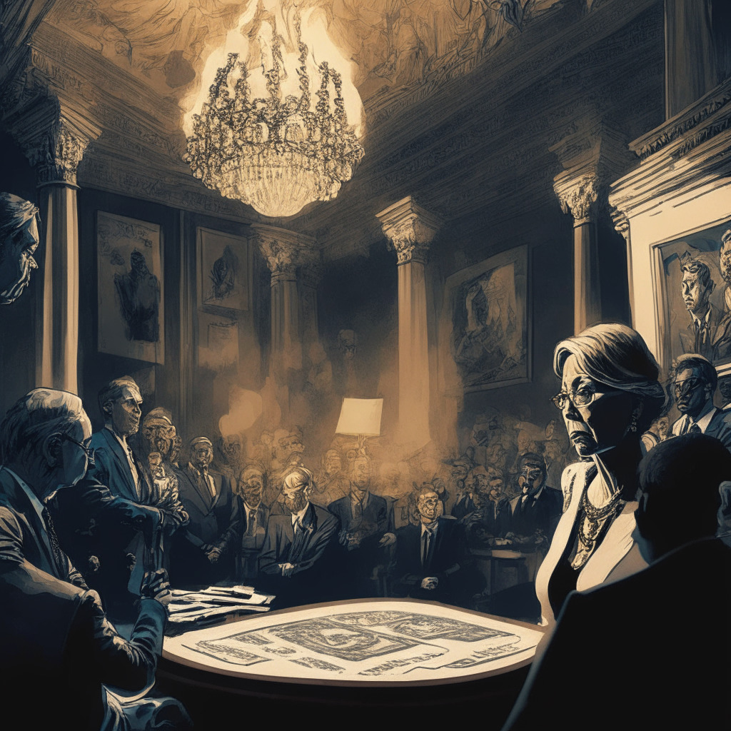 Intricate government chamber, Senator Elizabeth Warren in intense discussion, KYC/AML documents in her hand, crypto community members conversing in the background, Wall Street short-seller lurking, contrasting light & shadow, Baroque-inspired style, tense atmosphere, robust regulatory debate.