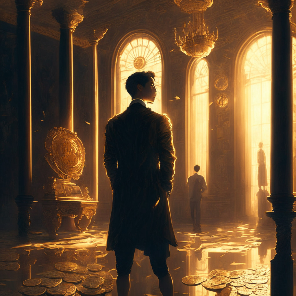 Cryptocurrency exchange collapse scene, Alfred Lin standing firm, intricate Baroque style, warm golden light, hints of tension and risk, somber mood, glowing optimism for digital assets, ripple effect of legal issues, unwavering confidence, venture capital pursuit in evolving industry.