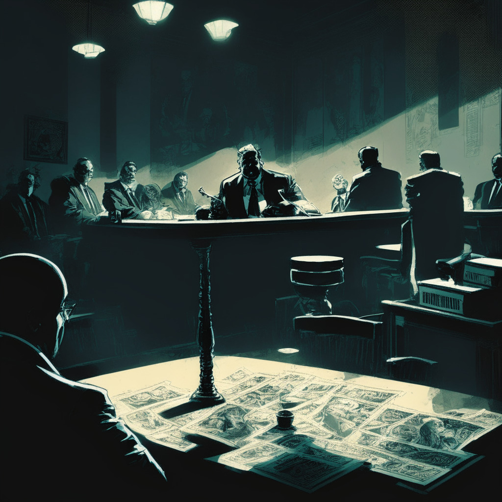 Intricate courtroom scene, ex-NFL owner at defendant's table, dimly lit room, high contrast chiaroscuro style, tense mood, judge overseeing, dollar bills and crypto coins scattered, shadowy figures implying illicit activities, hints of a football field in the background, balance scale representing regulation vs innovation.