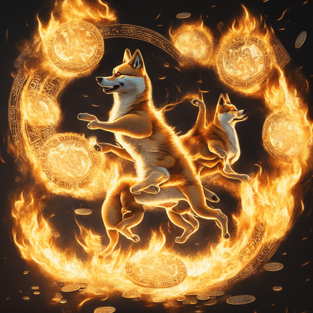 Intricate Shiba Inu tokens on fire, sunlit background, chiaroscuro shading, Baroque style, energetic mood, SHIB coin dance, powerful burn rate, crypto community divided, vibrant market sentiment, triumphant BONE token, cautious optimism, swirling volatility.