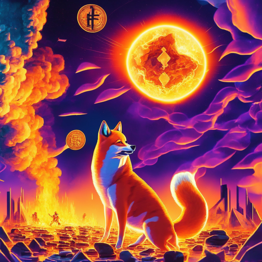 Cryptocurrency scene with fiery Shiba Inu, burning tokens, soaring stats, Shibarium project announcement, sustainability debate, moonlight setting, vibrant colors, optimism and skepticism, dynamic atmosphere, energetic composition, decentralized world, anticipatory mood.