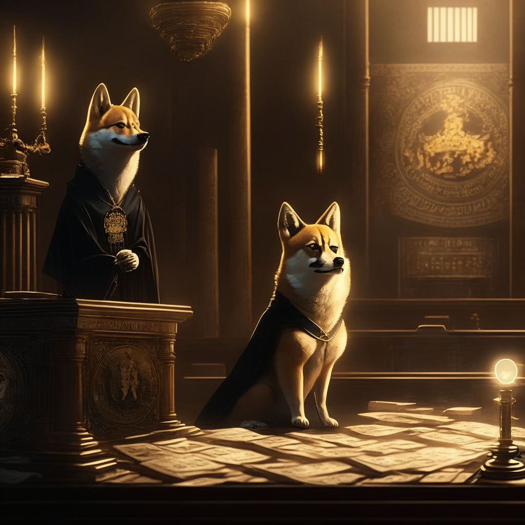 Intricate crypto scene, darkly lit courtroom, Shiba Inu dog holding token, dramatic lighting, intense atmosphere, Baroque artistic style, ethereal mood, tokens burning, legal documents in the background, Shiba Staking evident, subtle Binance reference, timestamped June 9, 2023, no logos.