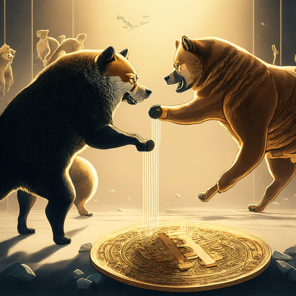 Intricate crypto scene: bear vs bull, turbulent market, hints of traditional Japanese art, golden-hour light casting intense shadows, palpable tension and anticipation. Featuring a Shiba Inu dog balancing on downtrend line, BONE token glimpsed in distance, determined buyers defending support level. Mood: cautious optimism, excitement amidst uncertainty.