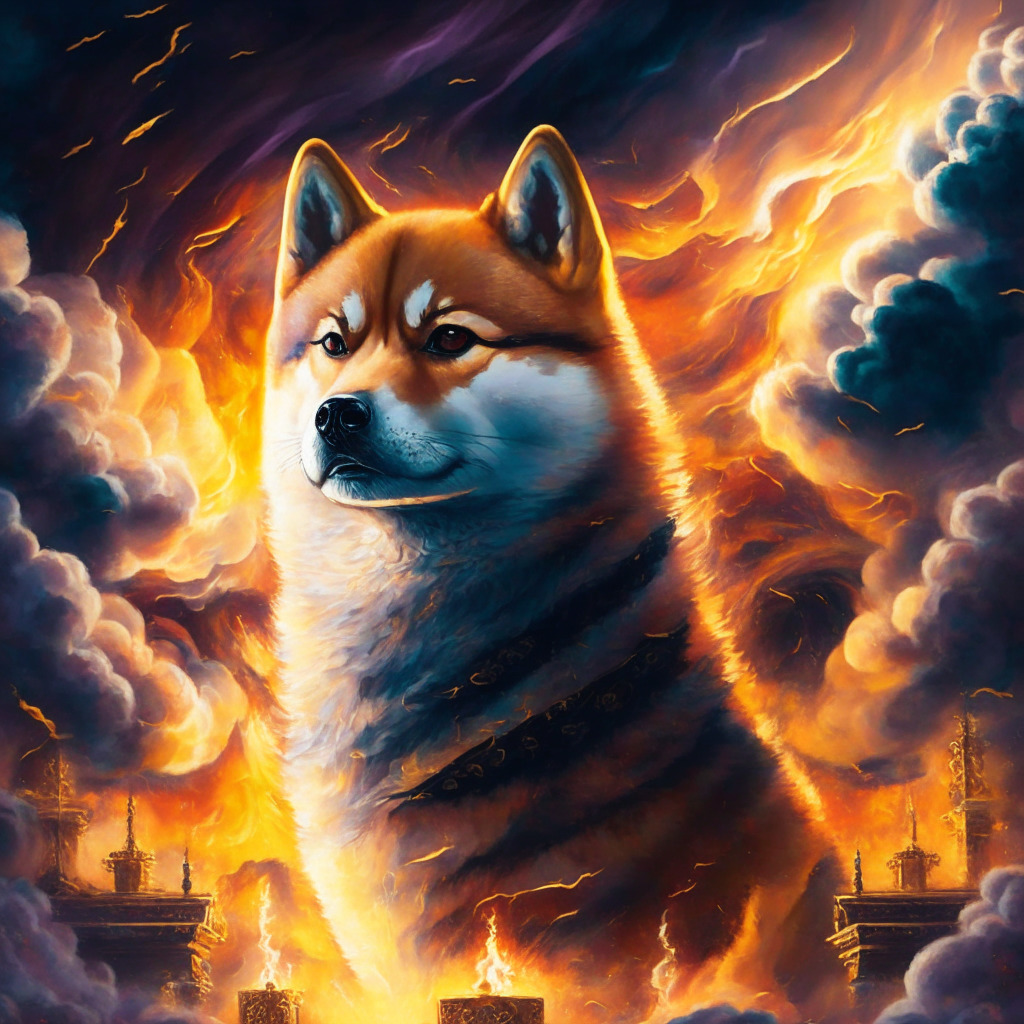 Majestic Shiba Inu-inspired artwork, tokens engulfed in flames, fierce determination in eyes, chiaroscuro light setting, vivid colors, Baroque style, intense mood, impactful market scene, swirling clouds above, hopeful glimmer reflected in Shiba Inu's stare, subtle allusion to community's unity.