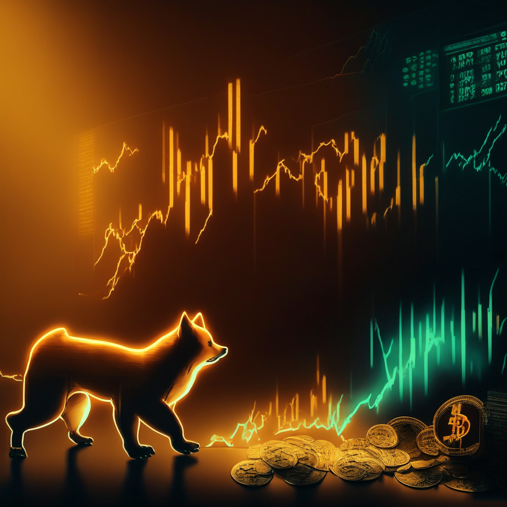 Cryptocurrency rally scene, Shiba Inu coin focal point, contrasting gains and losses, glowing financial chart background, breaking through downsloping trendline, bear vs bull struggle, uncertain atmosphere, blend of warm and cool tones, chiaroscuro lighting, intense emotions, dynamic composition, surrealistic twist.