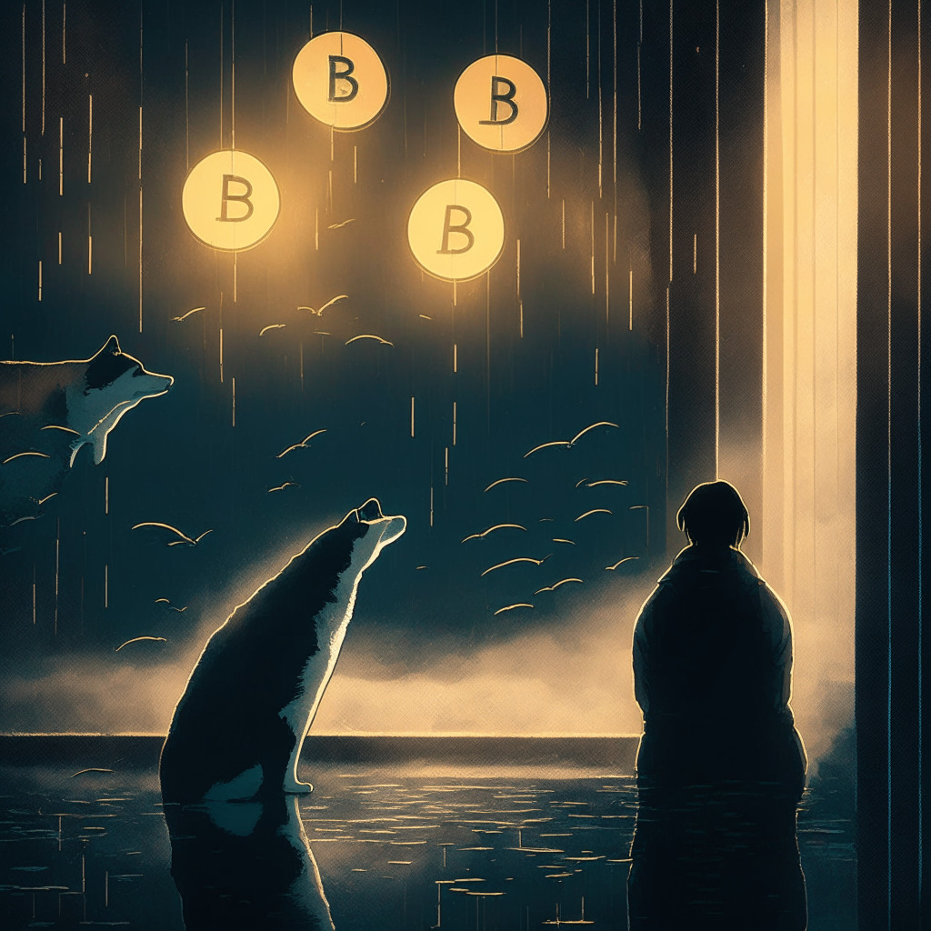 Dimly lit crypto market scene, puzzled Shiba Inu contemplating, whale shadows looming in background, moody atmosphere, subtle hints of hope, Shibarium logo glowing faintly, artistic blend of uncertainty & anticipation, abstract reflection of market fluctuations, serene yet cautiously optimistic