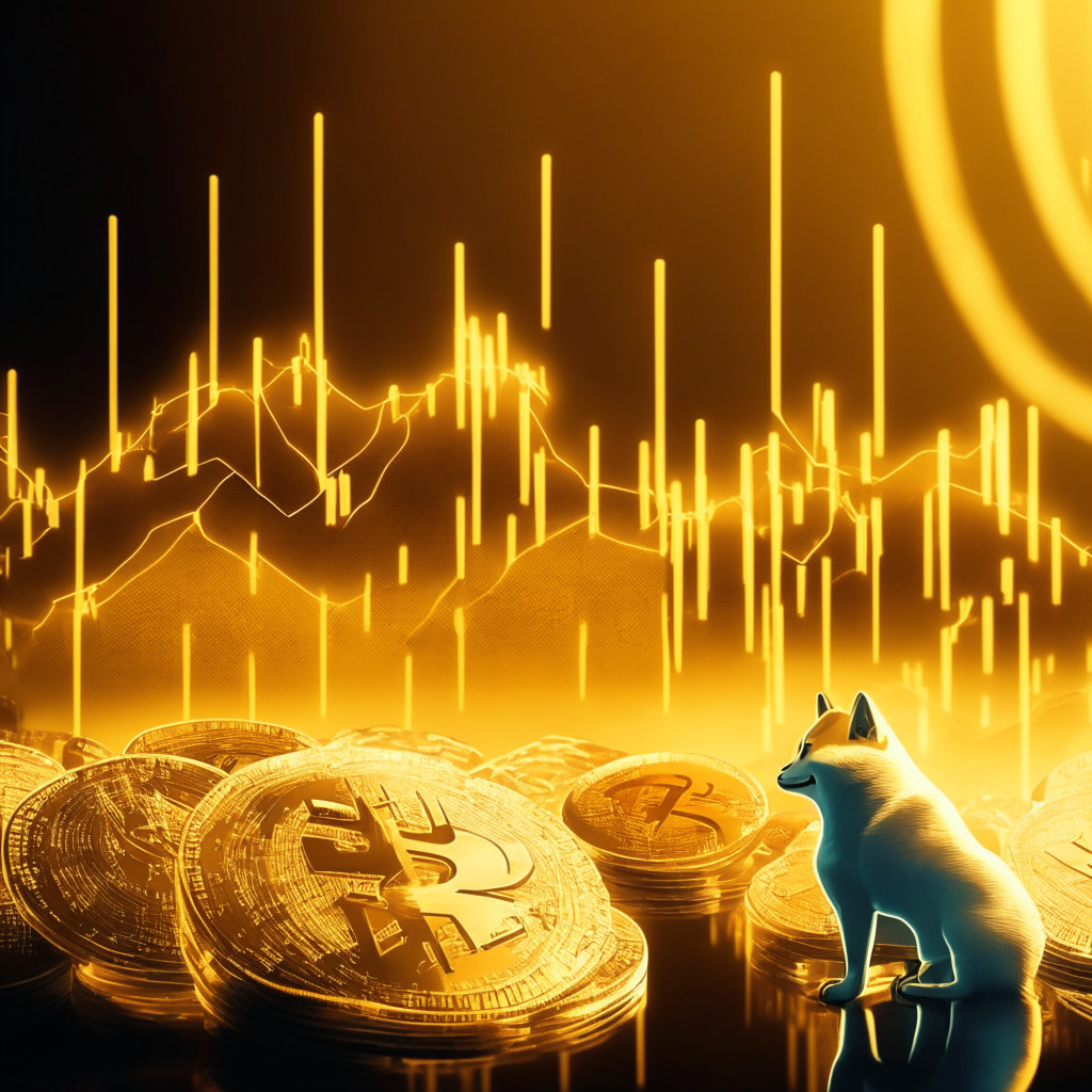 Cryptocurrency market scene, Shiba Inu coin dramatically reflecting light, vast accumulation zone, sharp downtrend transforming into recovery, golden and silver hues, tense financial atmosphere, contrasting uncertain and bullish moods, candlestick chart fading into the background, no brand representation.