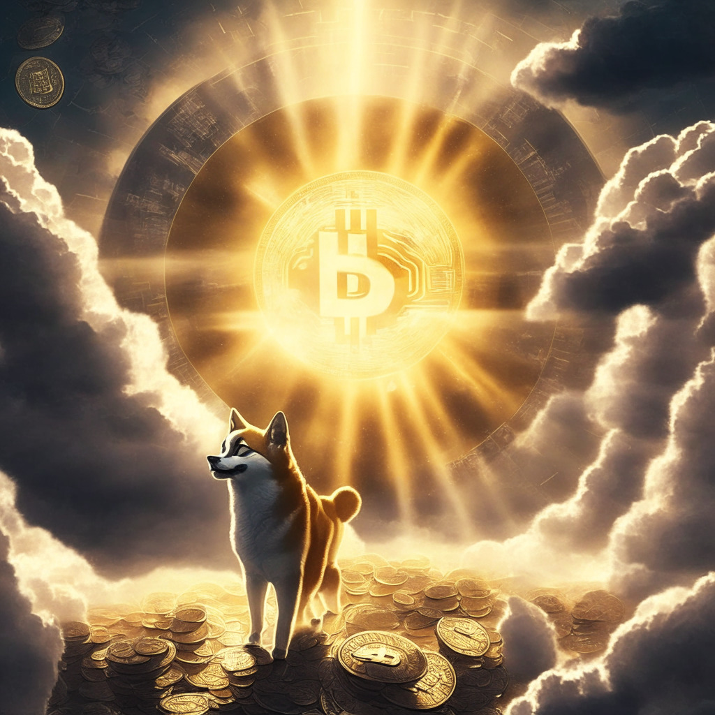 Mystical financial landscape, Shiba Inu coin rising, Bitcoin & Ethereum in background, sunbeam illuminating path, diverse trading crowd, warm lighting, subtle chiaroscuro, energetic yet uncertain mood, impending decision, swirling clouds hinting change. (346 characters)