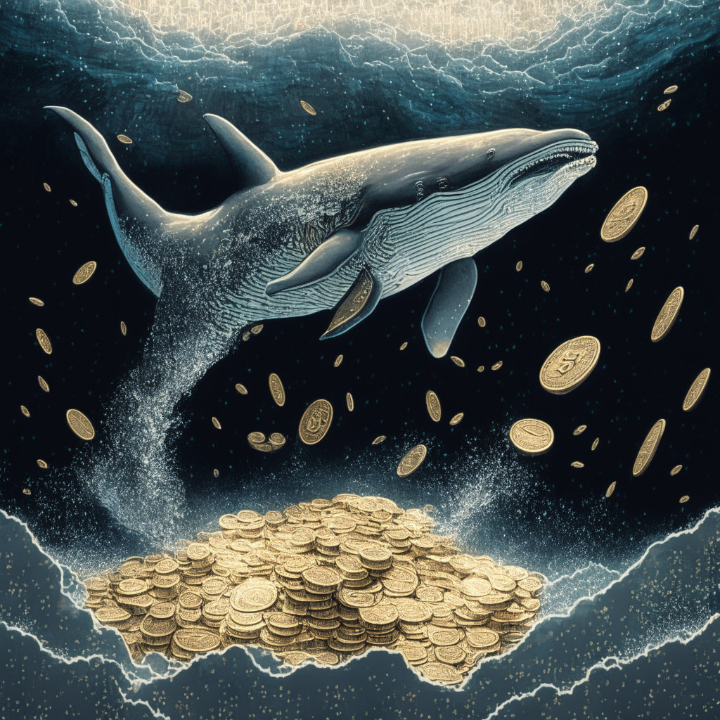Majestic whale diving into a sea of crypto coins, intricate patterns and textures symbolizing Shiba Inu and BONE tokens, cool-toned lighting highlighting anticipated Shibarium release, contrast between dark and light areas to evoke a sense of uncertainty, overall enigmatic mood reflecting market speculation and investor curiosity.