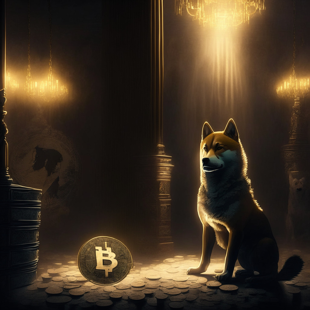 Crypto bear market scene, Shiba Inu token amid downturn, subtle Ethereum layer-2 scaling solution hint, thriving AI-powered crypto trading platform, moody chiaroscuro lighting, Baroque artistic style, contrasting light and dark elements, hopeful glimmers of opportunity, tense and uncertain ambience.