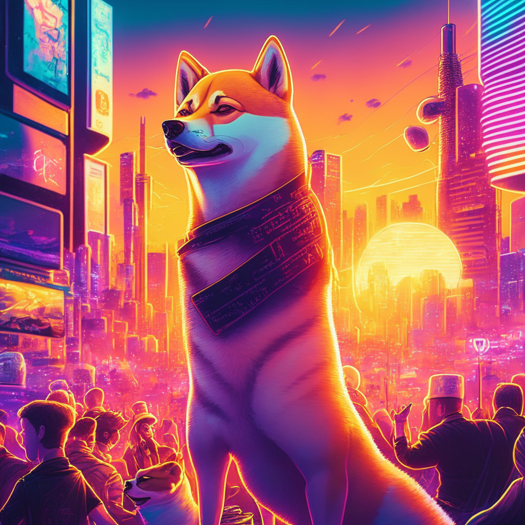 Sunset cityscape, Shiba Inu dog surrounded by digital currency, Welly eatery and enthusiastic crowd, futuristic art style, glowing neon lights, optimistic mood, prominent politician endorsing, hint of market competition, sense of growth and momentum.